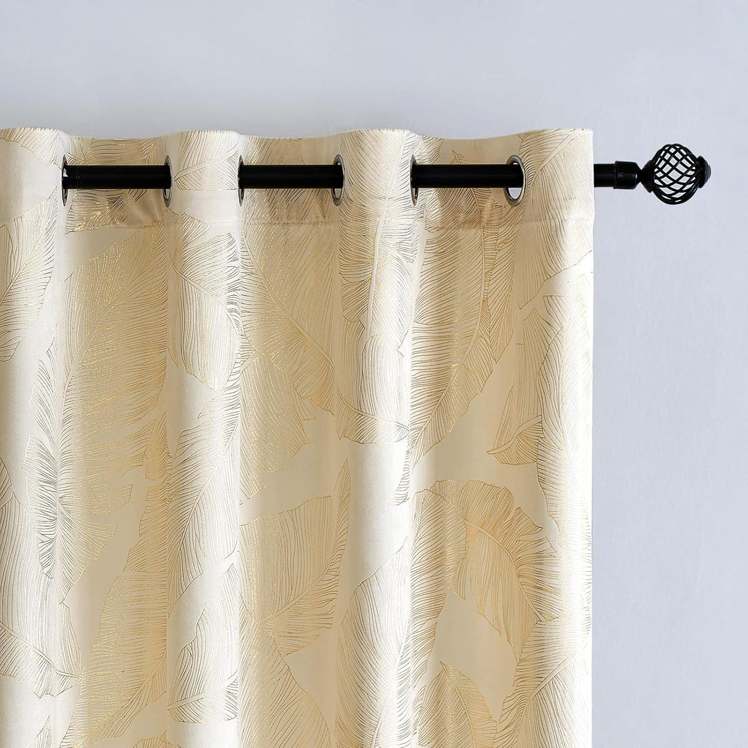 MIULEE Vorhänge Samt mit Goldfolie Blätter Muster, 2 Stück Creme Samt Gardinen mit Ösen, Jedes 245 c