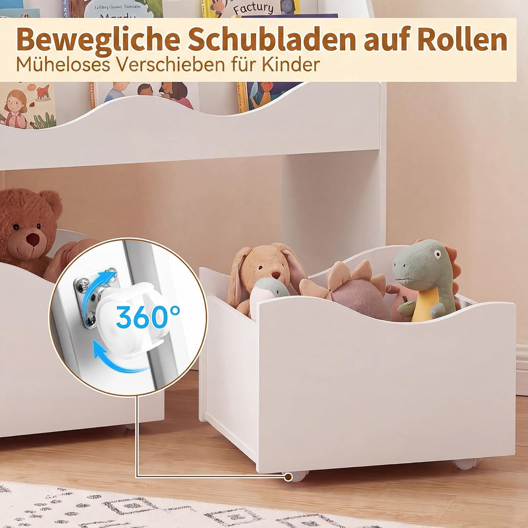 COSTWAY Kinderregal mit 2 Boxen auf Rollen (Weiss) | Bücherregal Kinder mit 3 wellenförmigen Ebenen,