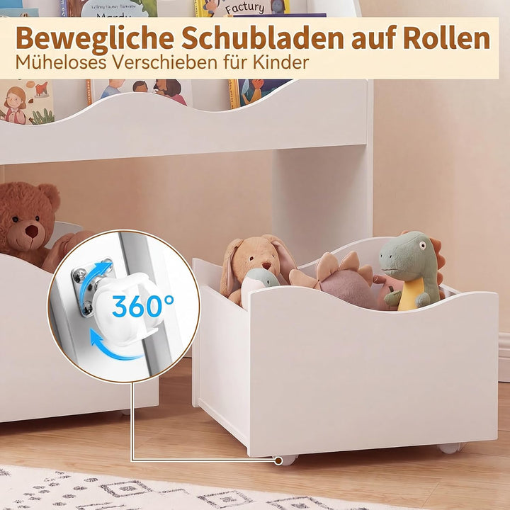 COSTWAY Kinderregal mit 2 Boxen auf Rollen (Weiss) | Bücherregal Kinder mit 3 wellenförmigen Ebenen,