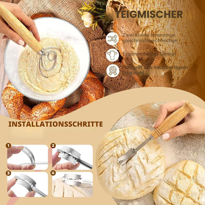 11-teilig Gärkorb Brot Set, Sauerteig Starter Set, Gärkörbchen Rund 25cm, Brot Backen Zubehör, 730ml