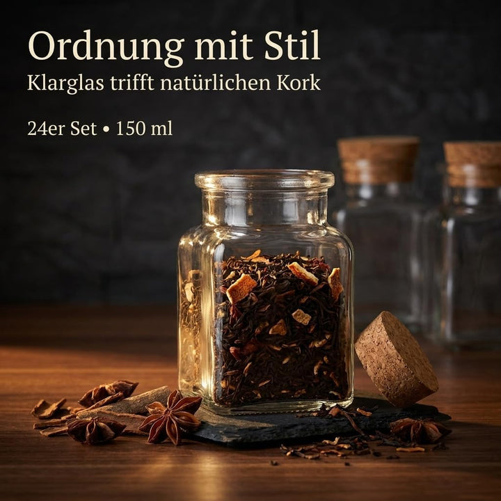 gouveo 24er Set Gewürzgläser 150 ml eckig mit Korken - Kleine Korkengläser mit Korkverschluss - Leer