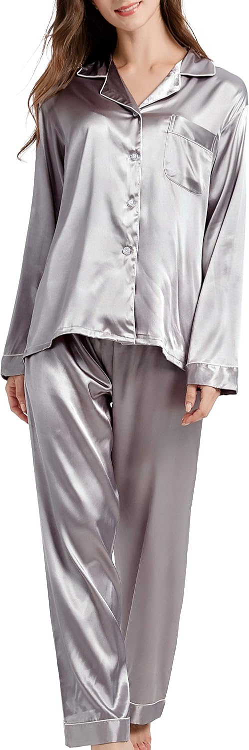 Damen Schlafanzug Pyjama Satin Lang Nachtwäsche Set Klassische Loungewear S Grau, S Grau