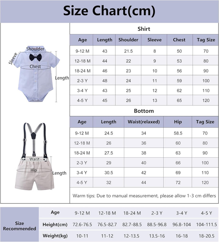 Volunboy Baby Jungen Anzug Set Bekleidung Hemd mit Fliege + Hosenträger Shorts Strampler Anzug 2-3 J