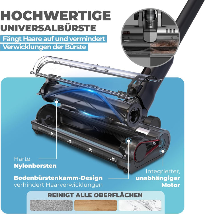 KLAMER Akku Staubsauger, 2-in-1 Staubsauger kabellos & Handstaubsauger, Akkulaufzeit bis 50 min, Akk