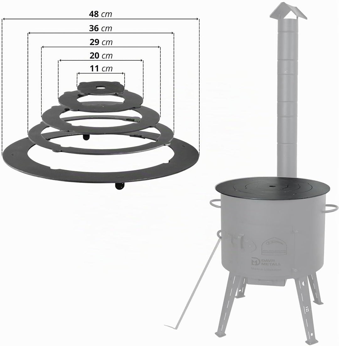 4BIG.fun Utschak Ø44 Uchag Eintopfofen mit Schornstein Abzugsrohr Utschag Campingofen Adapter-Ringe