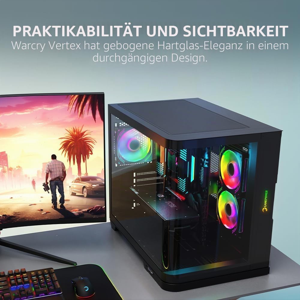 GAMEPOWER Warcry Vertex Curved Gaming PC Gehäuse, ATX Mid Tower, Desktop Computer Case Tempered Glas