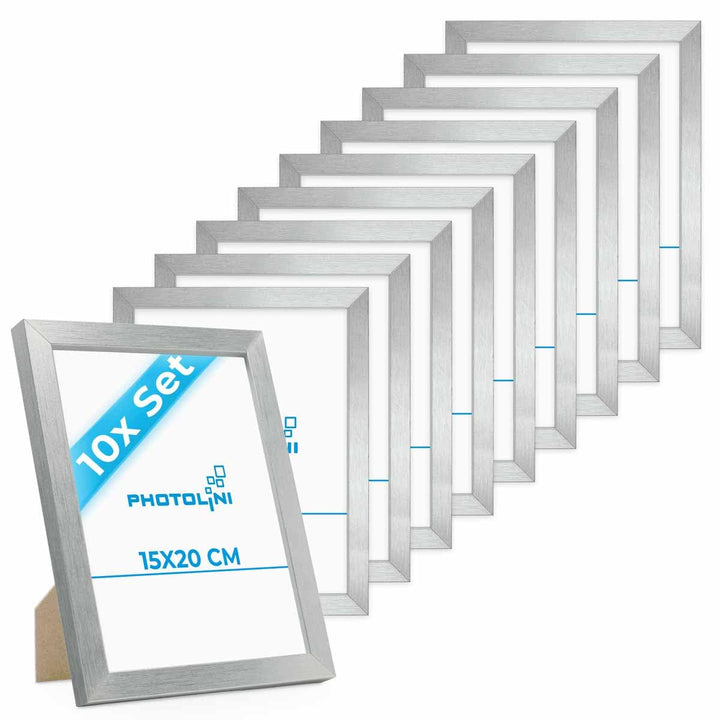 PHOTOLINI Bilderrahmen 15x20 Holz MDF, 10er Set Bilderrahmen 20x15 Silber, Picture Frame mit Acrylgl