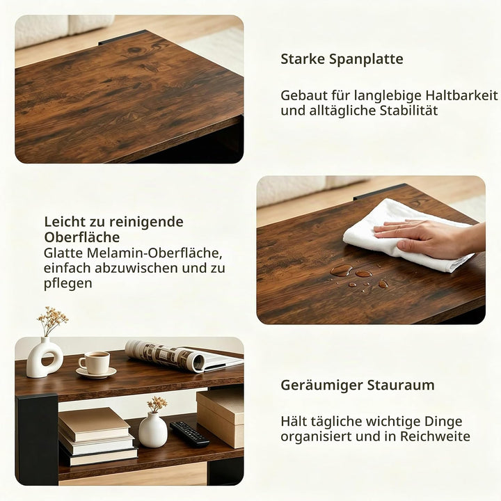 LED Couchtisch mit Stauraum, Wohnzimmertisch mit 2 Ebenen, moderner Sofatisch aus Holz, Beistelltisc