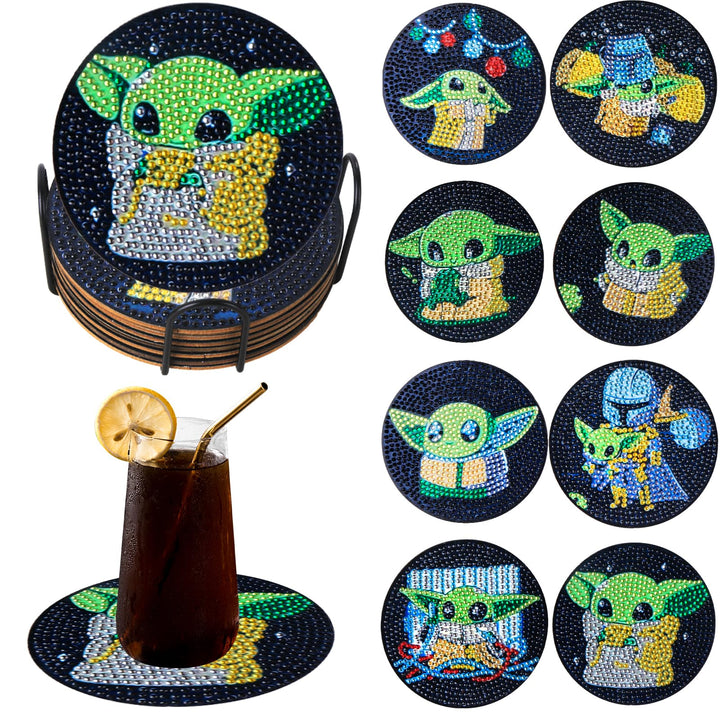 8 Stück Diamant Malerei Untersetzer mit Halter, DIY Yoda Diamant Malsets für Erwachsene Kinder Anfän