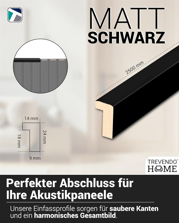 Einfassprofil für Akustikpaneele - 14×24x 2500 mm (1 Leiste, Schwarz matt) - MDF-Profil für saubere