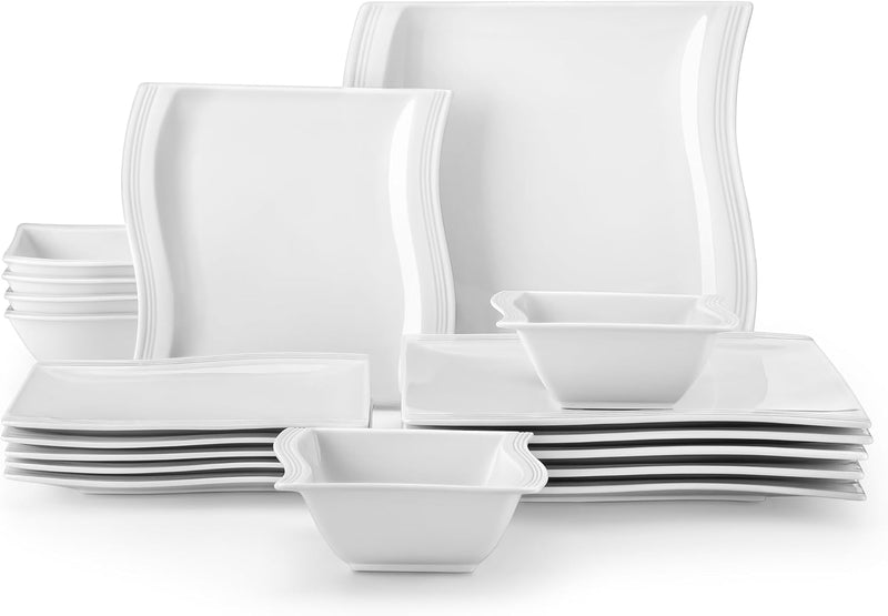 MALACASA, Serie FLORA, 18-teilig Weiss Porzellan Tafelservice Kombiservice Geschirrset, je 6 Speiset