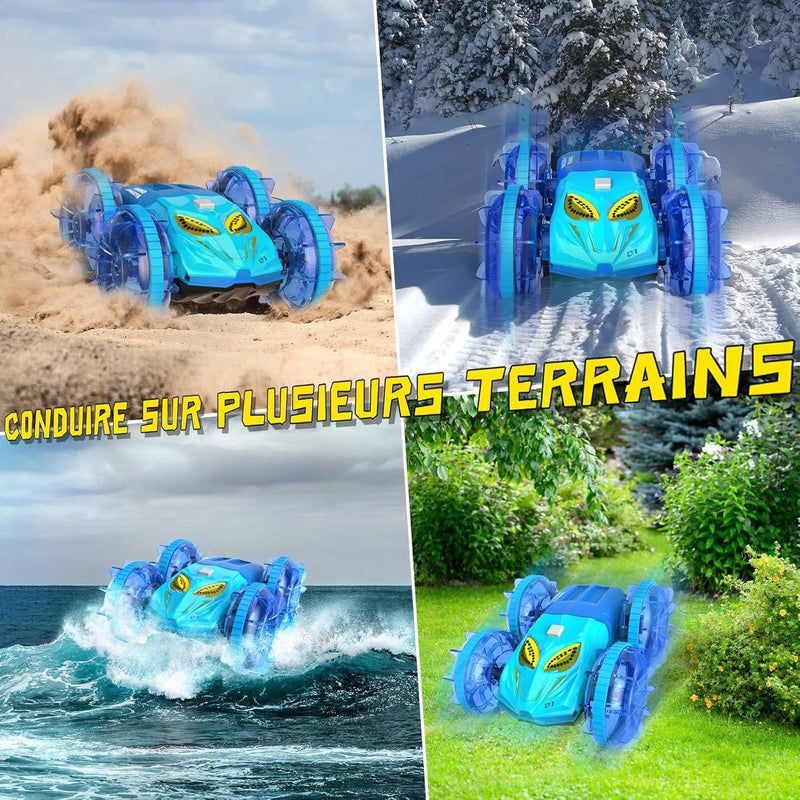 Amphibienfahrzeug Ferngesteuertes Auto mit LED Licht, 4WD Wasserdichter RC Stunt auto,360° Drehung,