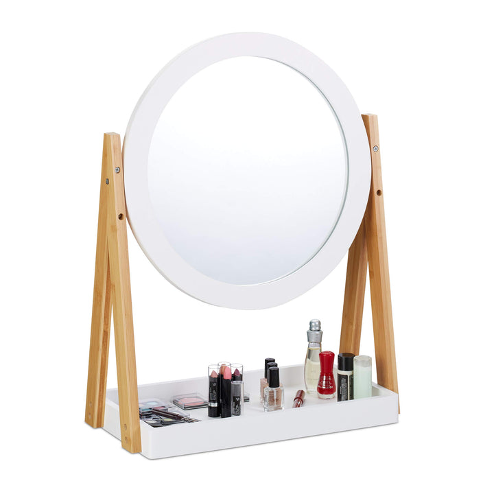 Relaxdays Kosmetikspiegel, schwenkbar, mit Ablage für Make Up, Kosmetik, Tischspiegel ∅ 32,5 cm, Bam