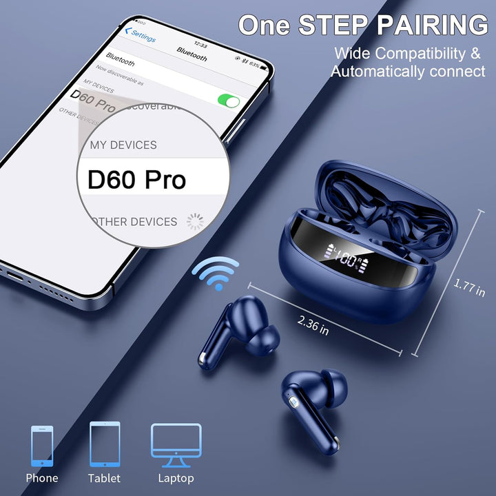 Nerunsa Bluetooth 2026 Kabellose Kopfhörer, wasserdicht mit LED-Anzeige, In Ear Ohrhörer mit 50 Std