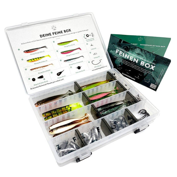 Zanderfang Finesse Angelset 95-teilig – Gummiköder Set mit 30 Gummifischen, Offset-Haken & Box – Dro