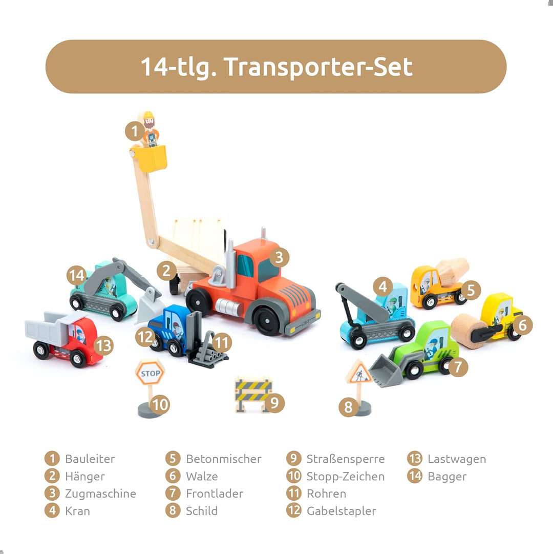umu® Holz Baufahrzeug Transporter Spielset für Kinder kompatibel mit Brio World Eisenbahn Sets & And