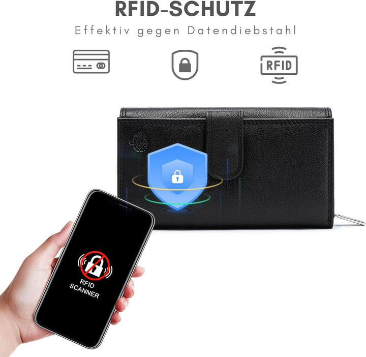 Frentree® Damen Geldbörse aus echtem Nappaleder, grosses Leder Portemonnaie mit RFID-Schutz, weiches