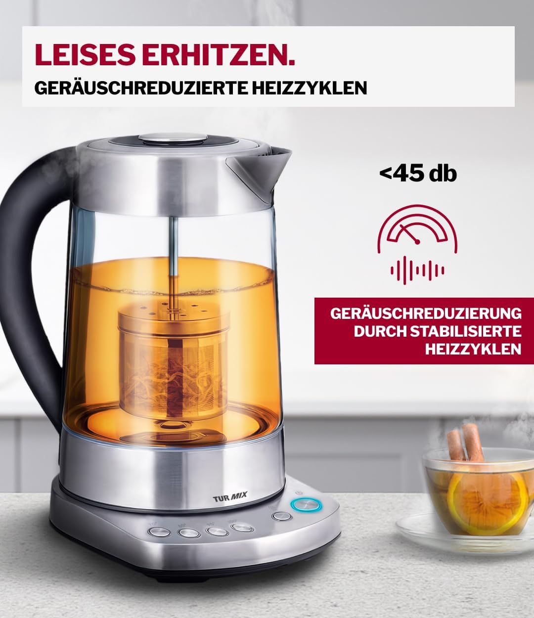 TURMIX 2in1 Teekocher elektrisch mit Wasserkocher Glas 2200W 1,5L Silber, Temperatureinstellung 70–1