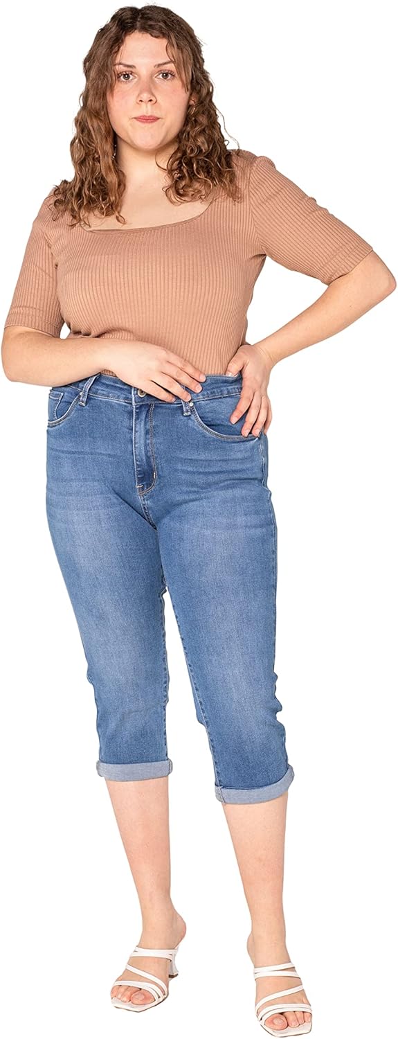 Nina Carter P200 Damen Capri Jeanshosen Grosse Grössen HIGH Waist Jeans Sommer Hose Used-Look 44 Gro