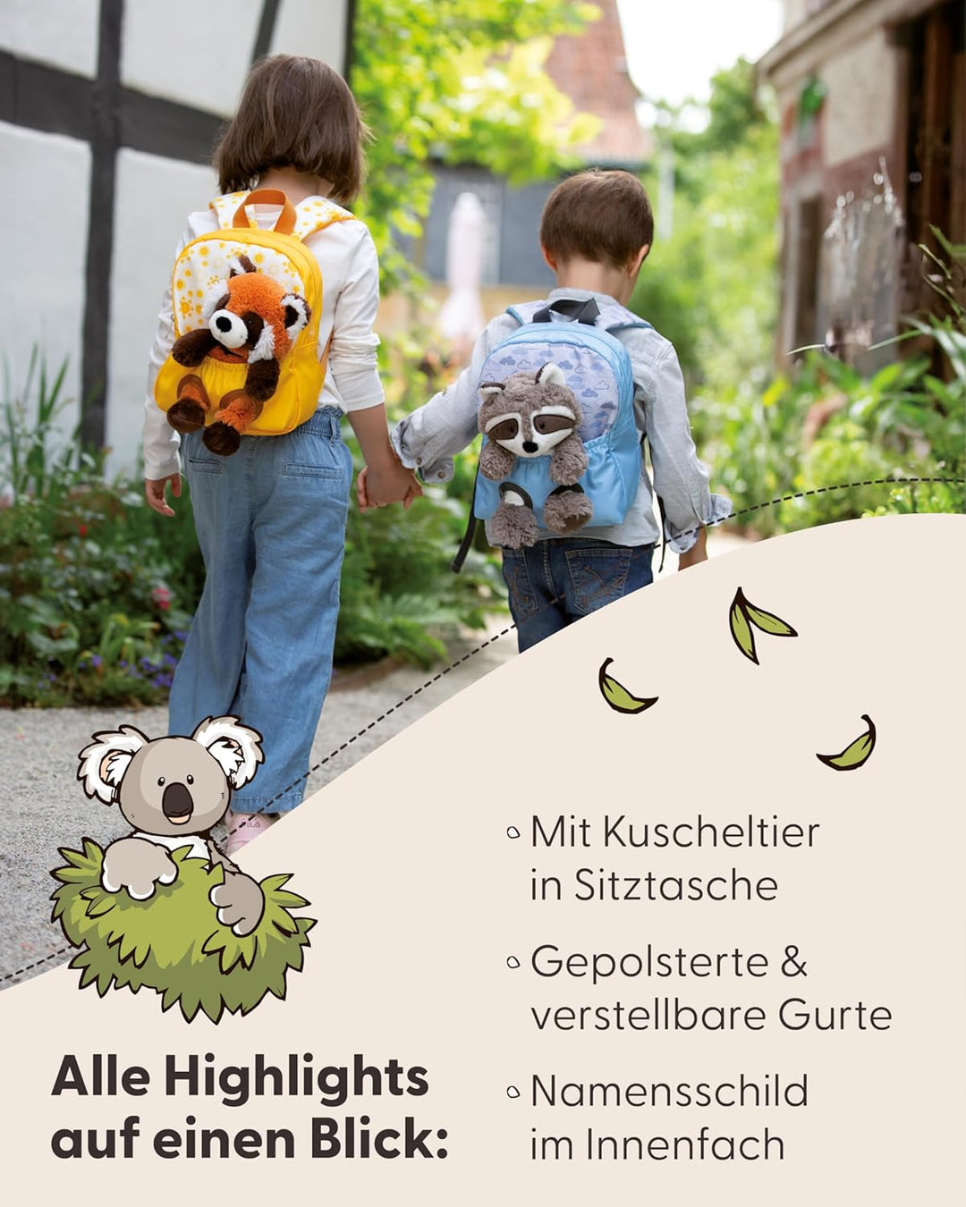 NICI Kinderrucksack blau 2 in 1 mit Kuscheltier Koala 25cm - Kindergartenrucksack Mädchen & Jungen -