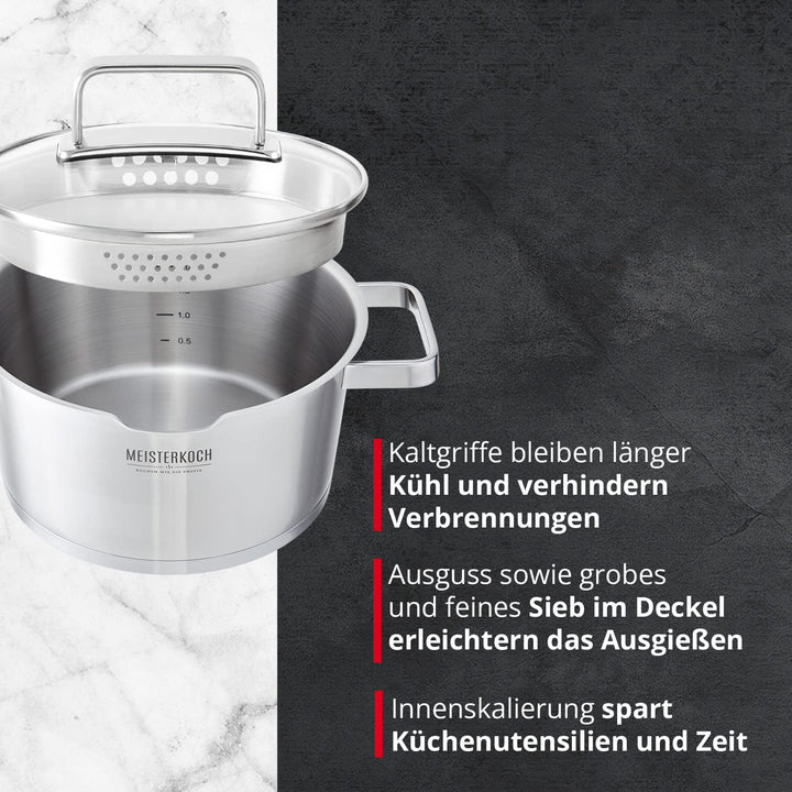 MEISTERKOCH Topf aus gebürstetem Edelstahl 20 cm Ø | mit Ausguss, Innenskalierung und isolierenden K