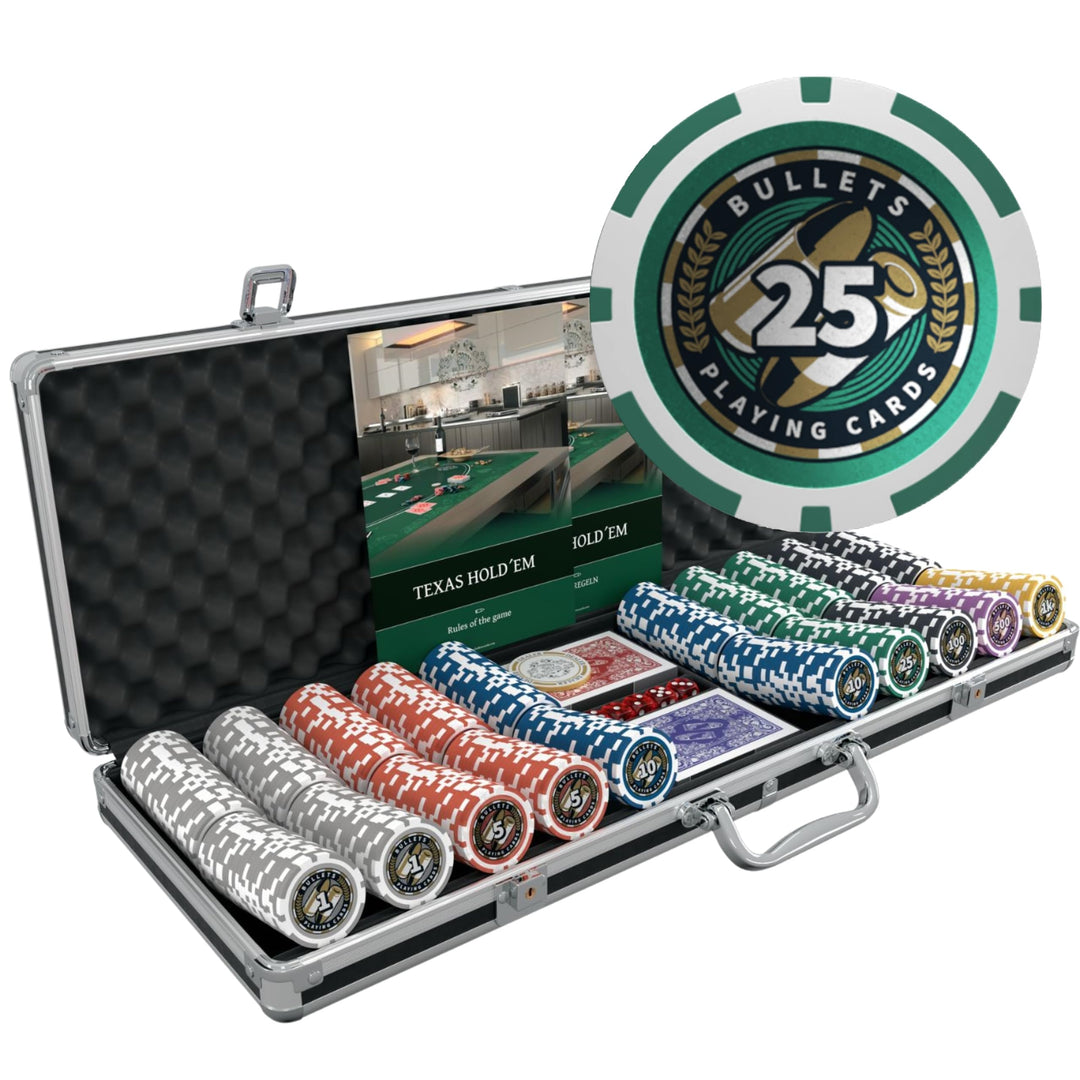 Bullets Playing Cards | Pokerkoffer Deluxe „Christopher“ mit 500 Plastik Pokerchips 12g | Pokerset m