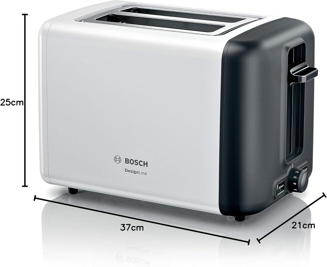 Bosch Kompakt Toaster DesignLine TAT3P421DE, integrierter Edelstahl-Brötchenaufsatz, mit Abschaltaut