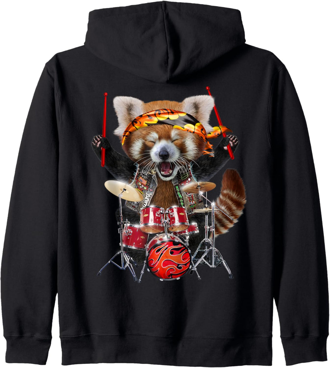 Punkrock roter Panda spielt Schlagzeug Kapuzenjacke