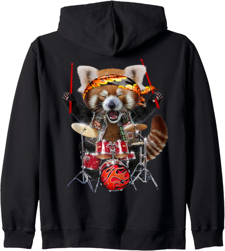 Punkrock roter Panda spielt Schlagzeug Kapuzenjacke