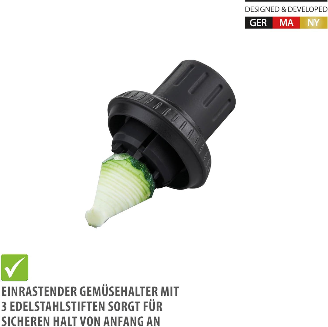 GEFU Spiralschneider SPIRELLI 2.0 Black Edition mit Gemüsehalter & Bürste, Julienne-Schneider für Ge