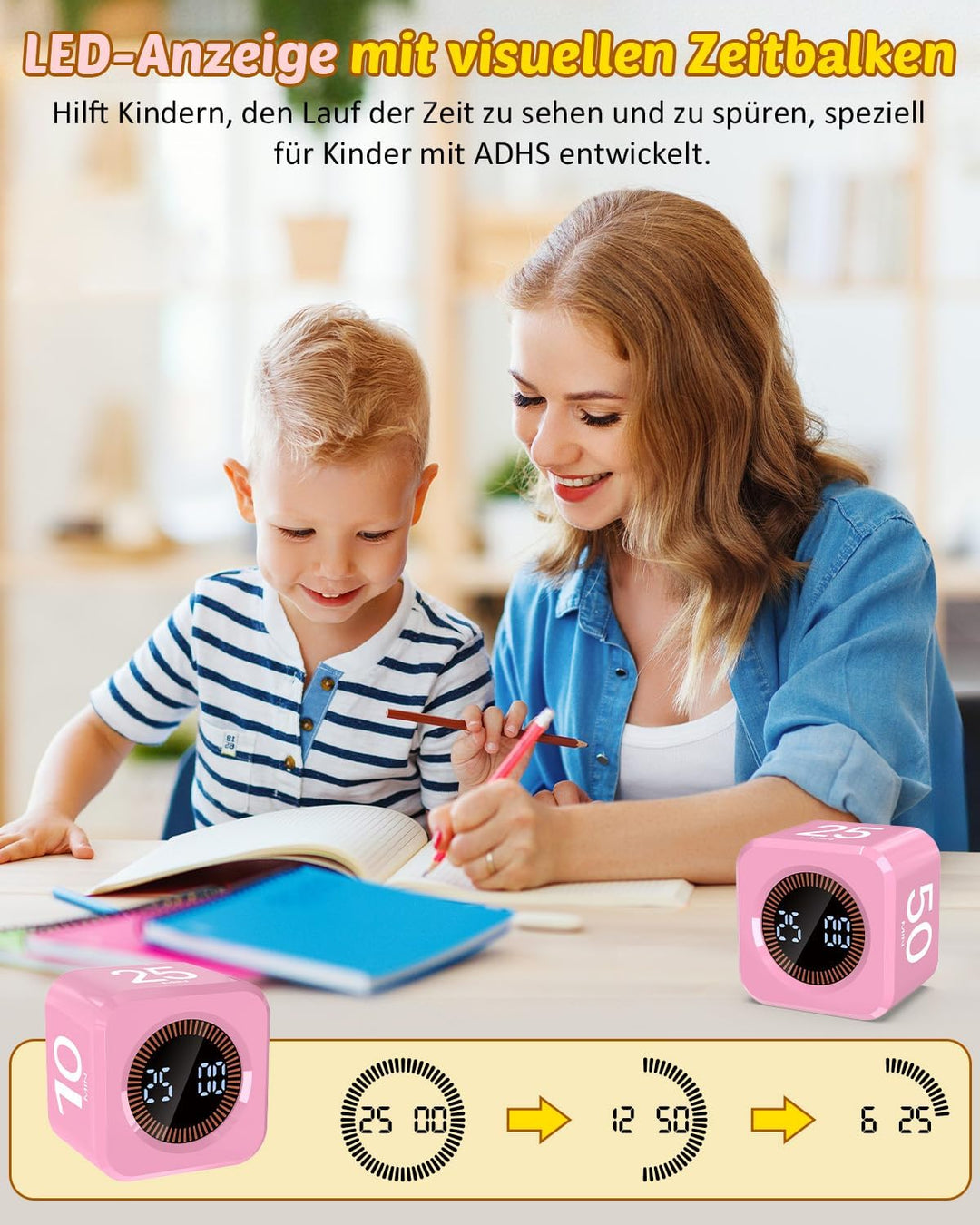 Pomodoro Timer Cube, Visueller Würfel-Timer für Kinder, Digitale LED Drehbarer Timer mit 5/10/25/50