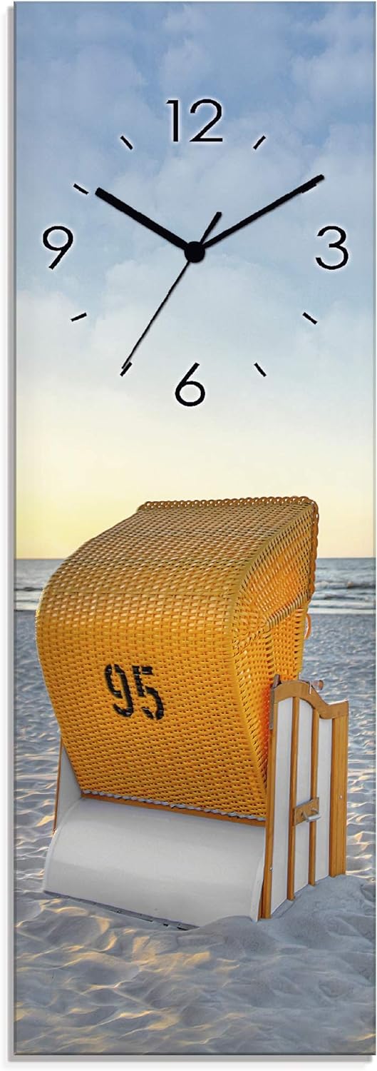ARTLAND Wanduhr ohne Tickgeräusche Glas Funkuhr 20x60 cm Rechteckig Lautlos Strand Meer Ostsee Stran