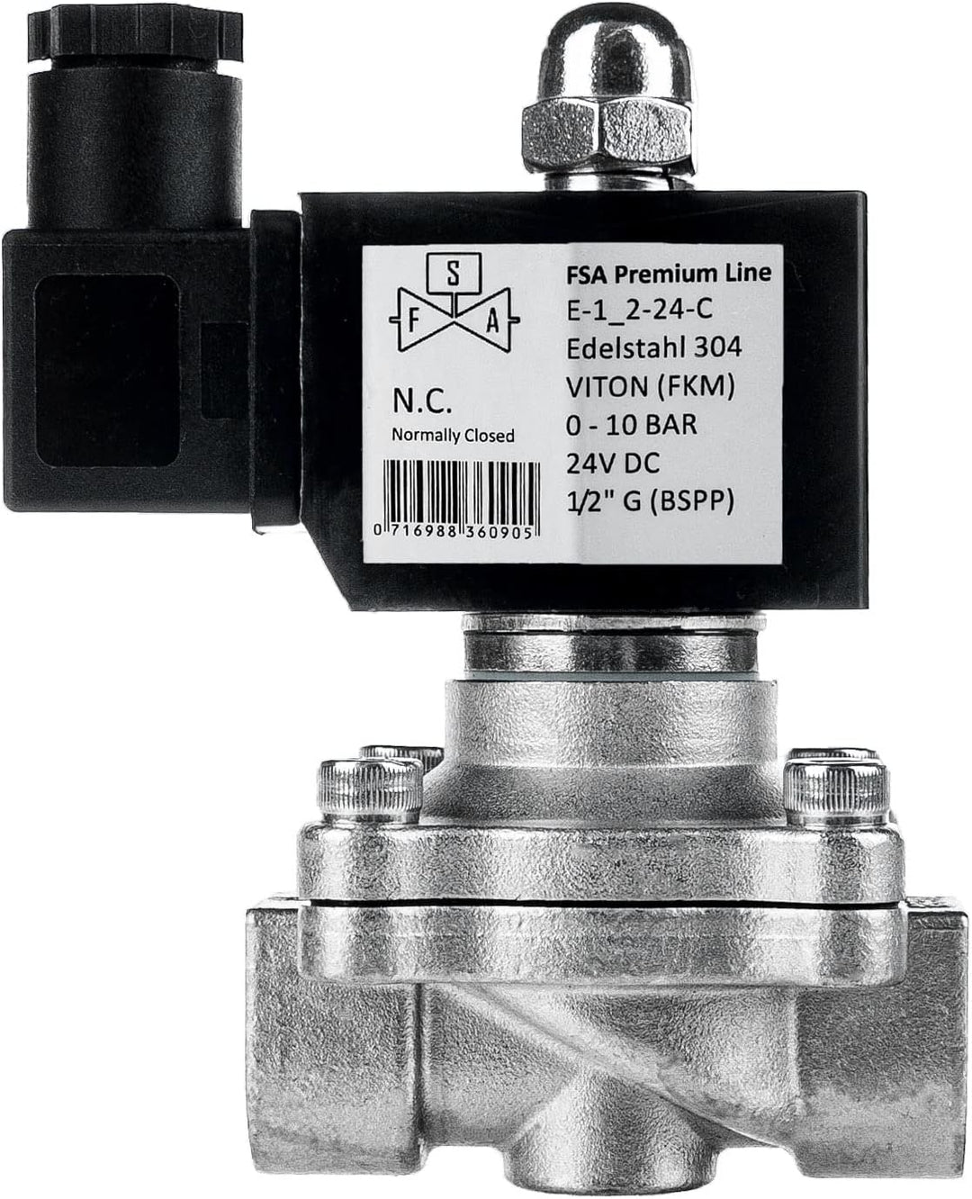 FSA Magnetventil Edelstahl 304 1/2" 24V DC 0-10 bar Viton stromlos geschlossen, 1/2" 24v DC