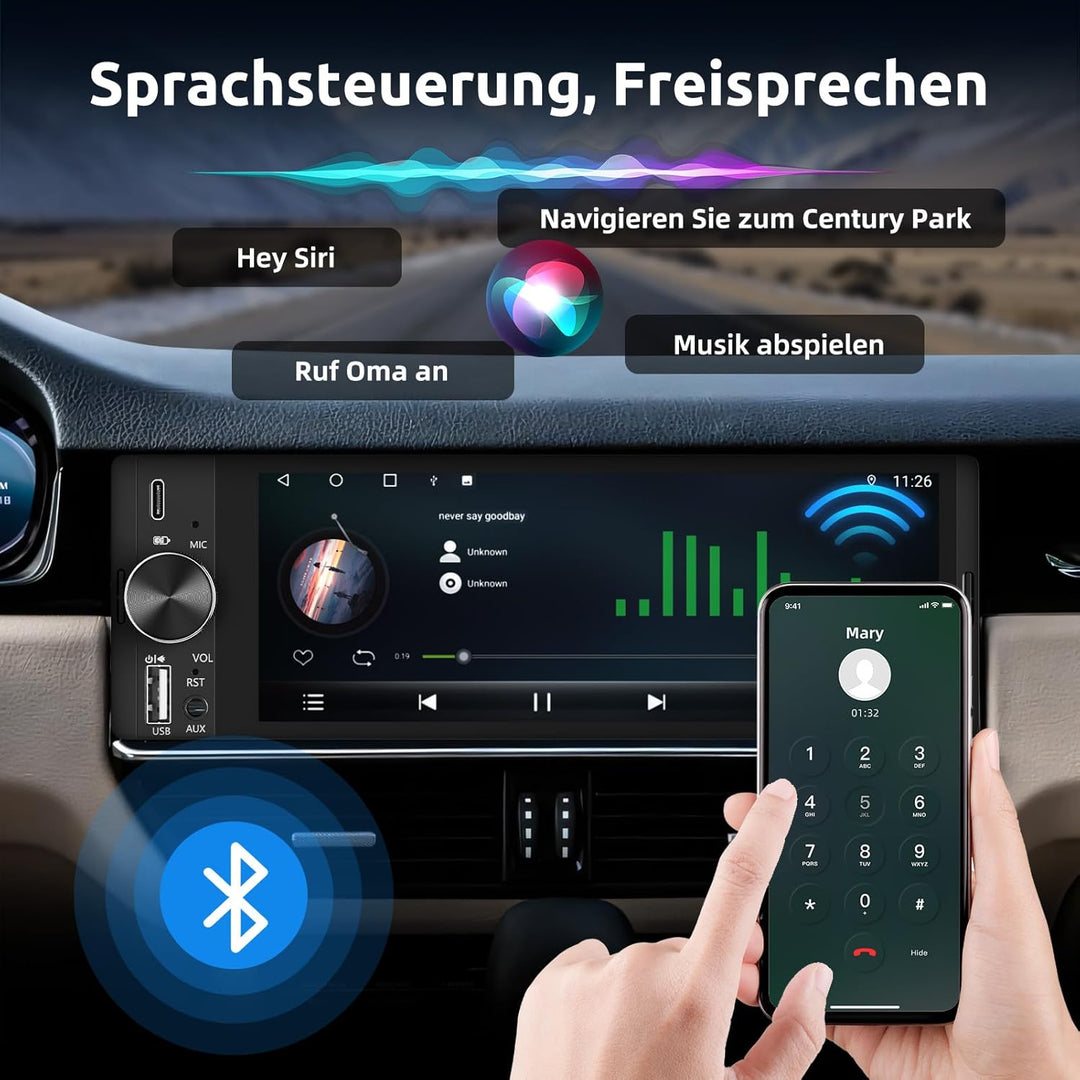 ESSGOO 1 DIN Autoradio mit Wireless CarPlay & Android Auto, 6,36 Zoll HD IPS Touchscreen-Rückfahrkam