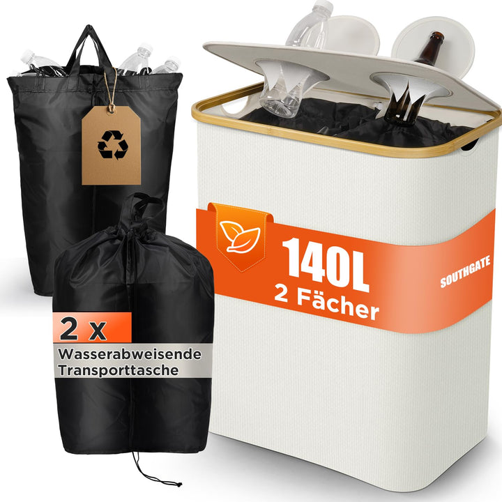 SOUTHGATE Pfandflaschen Sammelbehälter 140L mit Deckel, 2 Fächer & Tragetasche | Faltbar, Geruchsdic