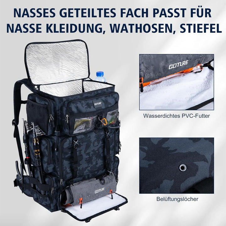 Goture 72L Angelrucksack mit Kühltasche (16L) &amp; Trocken-/Nass-Fach - Verstellbare Fächer Wasserabwei