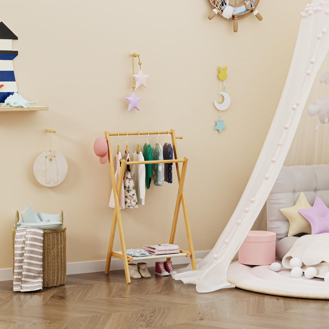 BAMBOOHOMIE Kinderkleiderständer, Kostümständer für Kinder, mit Regal und Doppelstangen, zusammenkla