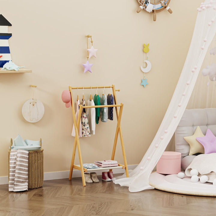 BAMBOOHOMIE Kinderkleiderständer, Kostümständer für Kinder, mit Regal und Doppelstangen, zusammenkla