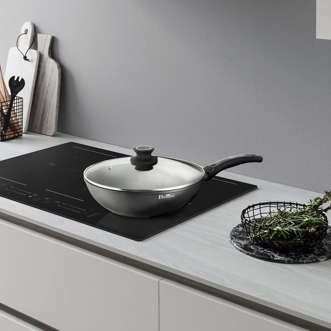 Pintinox Aluminium Wok mit Deckel 28 cm Ø Serie Power Xylan Antihaftbeschichtung Induktion