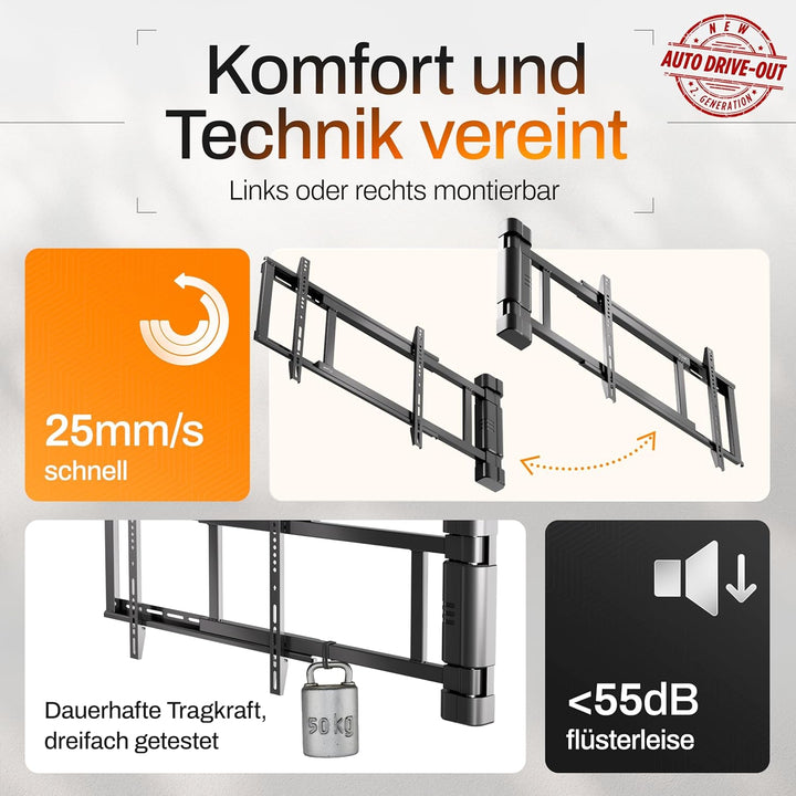 EasyLife – Elektrische, Schwenkbare TV-Wandhalterung mit Auto-Drive-Out, Ultraschlank 56mm, leiser M