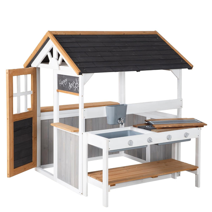 roba Spielküchenerweiterung für Spielhaus - Outdoor-Kinderküche weiss-braun mit BBQ- und Kochplatten