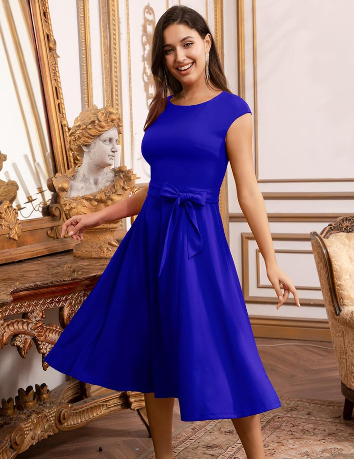 DRESSTELLS Damen Vintage Retro 1950er Cocktaikleid A-Line Swing Festlich Midilang Kleid Royalblue M,