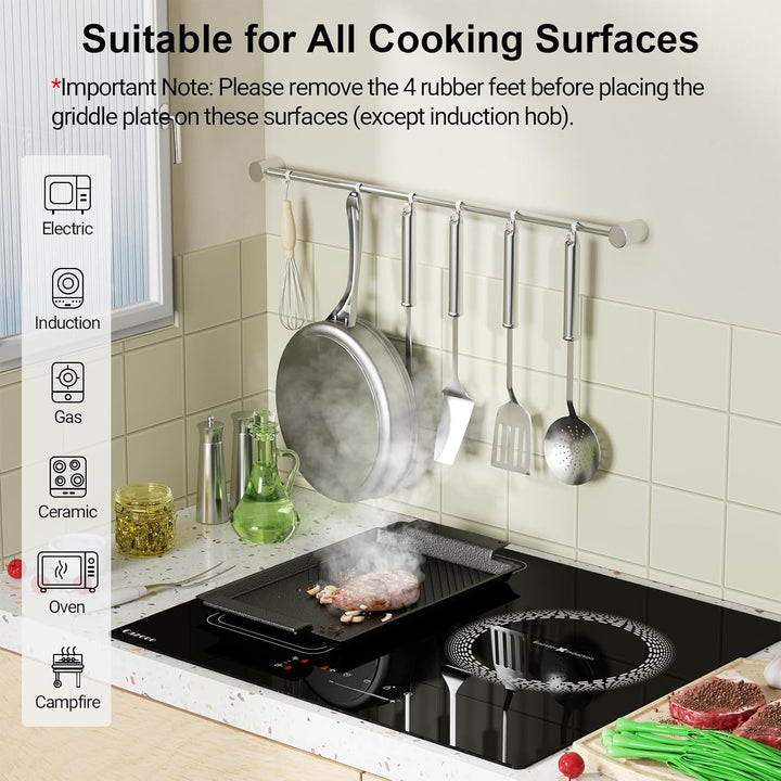 Grillplatte 38x21 cm mit Seitengriffen Aufhängeloch glatte antihaftbeschichtete Plancha aus Gusseise