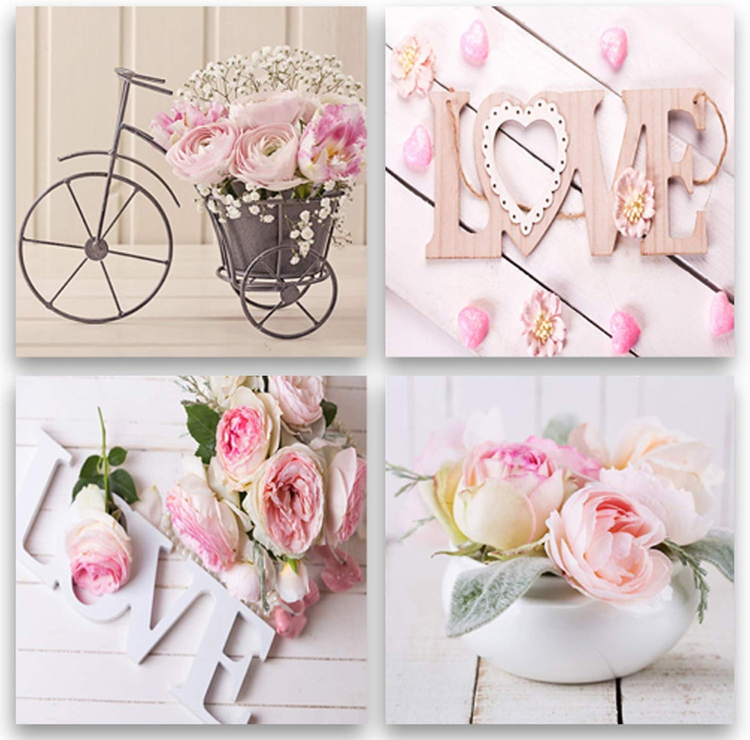 Feeby Frames, Leinwandbild, Bilder, Wand Bild - 4 Teile - Wandbilder, Kunstdruck 40x40 cm, Love, Ros