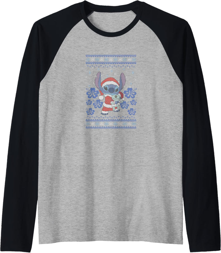 Disney Lilo & Stitch Christmas Santa Suit Ugly Sweater Raglan