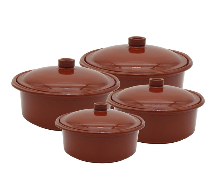 Ton-Cocotte mit Deckel 1,5 – 4,5 Liter - 4er Set – Glasierte Schmortopfe für Ceran, Gas, Ofen & Gril