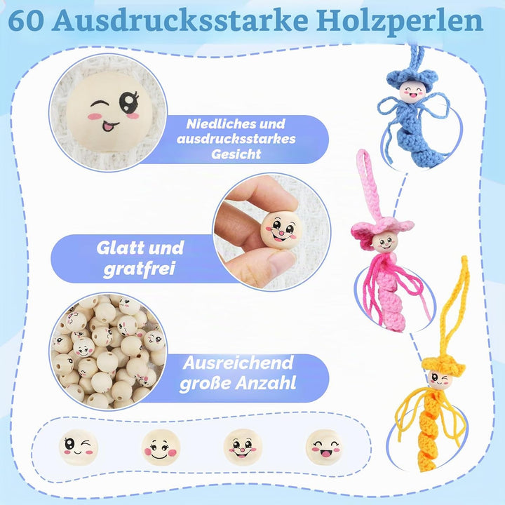NAMIS Sorgenwürmchen Häkeln Set,Glückswürmchen Häkel Set mit Anleitung,40 Holzkugeln mit Gesicht 20m