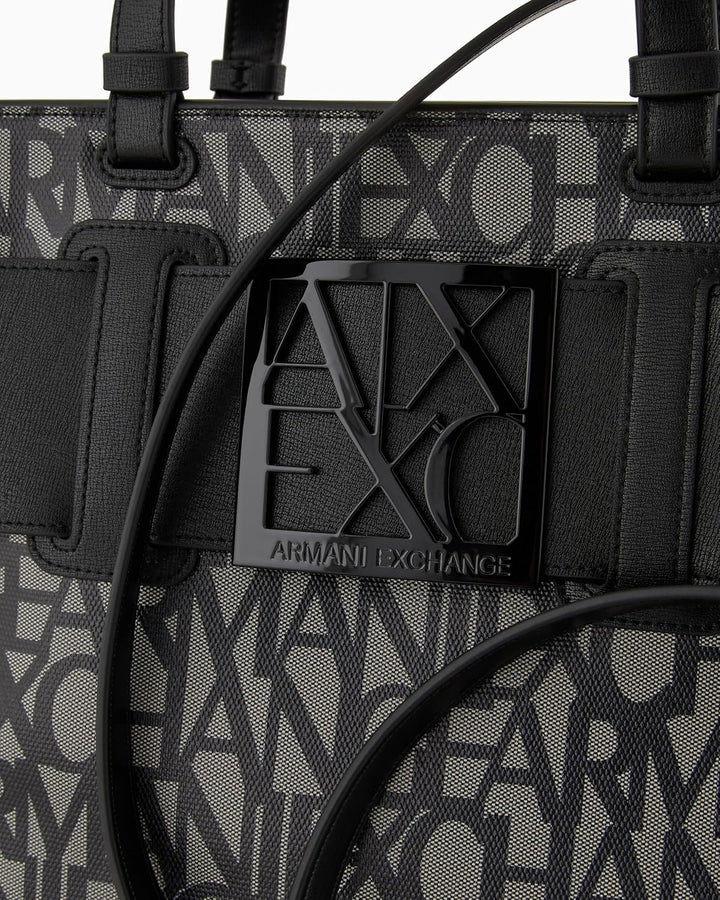 Armani Exchange Women's Large Logo Placket Satchel Bag Big Tote, Beige/Black