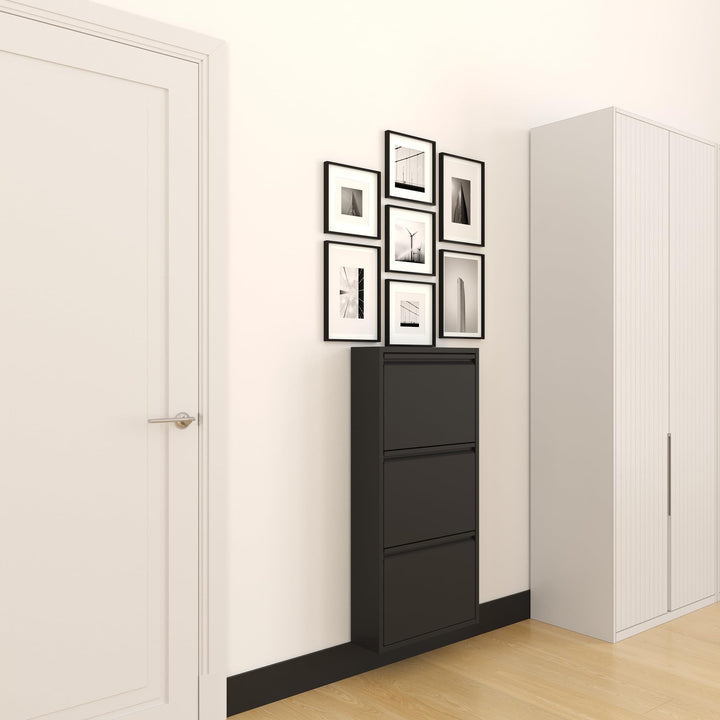 furni24 Schuhschrank Schmal – Platzsparender Metall-Schrank mit Magnetklappen, Platz für 6-10 Paar S