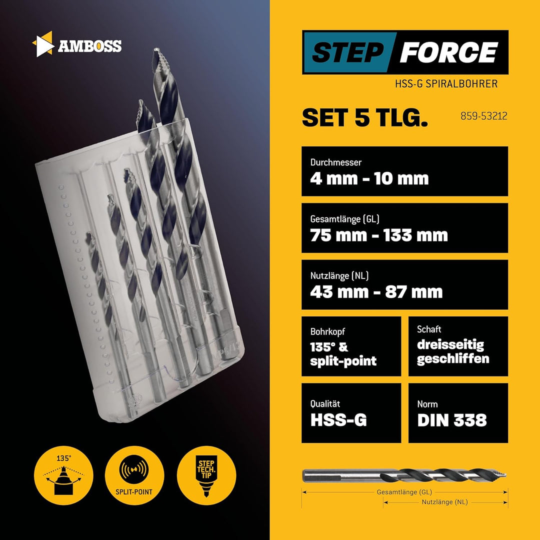 Spiralbohrer Step Force 5tlg. SET Ø4-10 mm - HSS-G DIN 338 für Stahl, Baustahl, Alu, Buntmetalle AMB